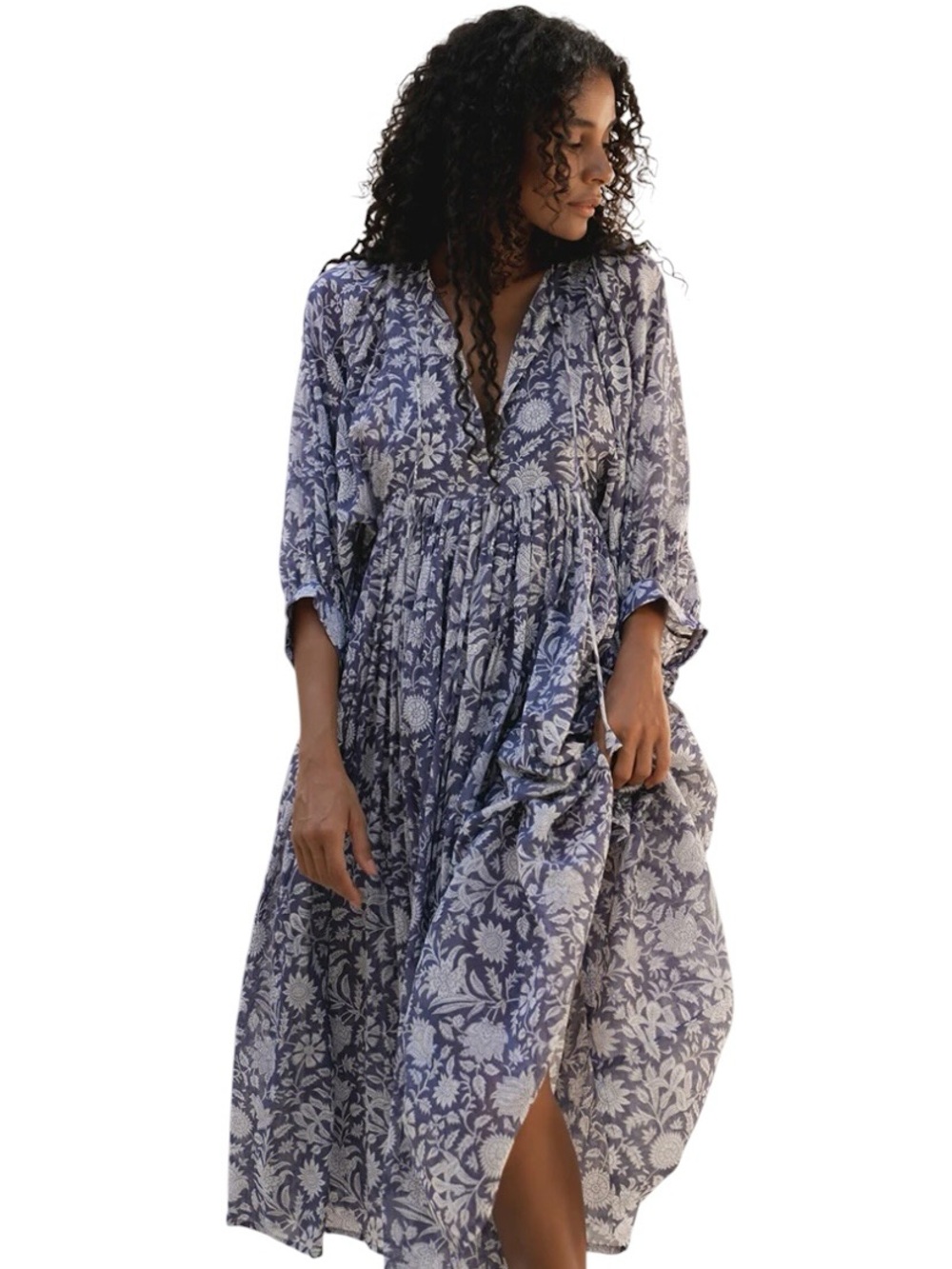 Daughters of India Floral Tiered Mini Dress 3/4 Sleeve 100% Cotton Sz. XS (S-M)